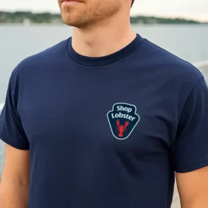 Shoplobster navy t-shirt with badge logo